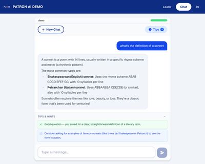 A PLAID3 Hub chat session: a patron's question with a real-time literacy coaching panel beside the AI's response.