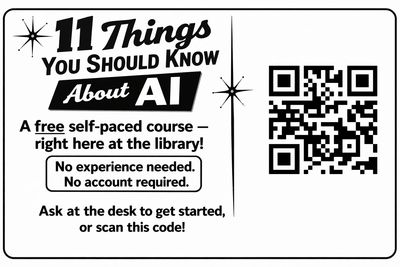 PLAID3 Hub outreach flyer with the headline 'Try AI at the Library' and a friendly illustration, showing space for a library logo, brand colors, and URL.