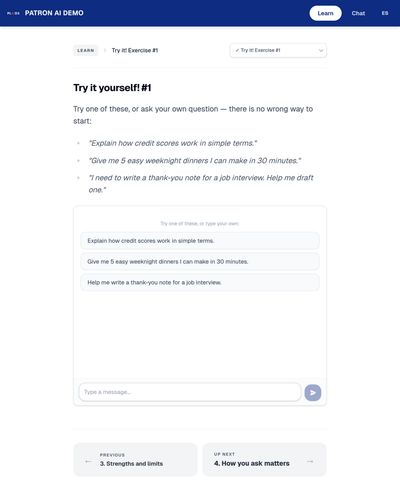 Interactive exercise page titled 'Try it yourself! #1' with suggested prompts and a live chat input area embedded directly in the lesson.