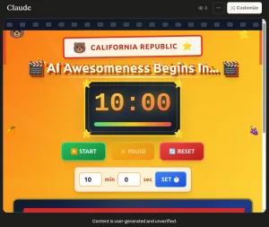 colorful "countdown timer" screen with a 10 minute timer entitled "AI Awesomeness begins in..."