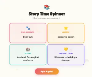 Image of a web app featuring selectors for Main Character, Sidekick, Setting, and Emotion/Theme