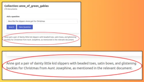 Screenshot of a Q&A UI. Top-left heading (verbatim): "Collection: anne_of_green_gables" with subtext "278 documents". An input labeled "Ask a question" contains the query (verbatim): "describe the slippers Anne got for Christmas". Below is a result sentence (verbatim): "Anne got a pair of dainty little kid slippers with beaded toes, satin bows, and glistening buckles for Christmas from Aunt Josephine, as mentioned in the relevant document." That sentence is circled and shown zoomed in.