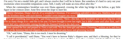 Summary: Diana (via Aunt Josephine) gives Anne a box containing a card and "a pair of the daintiest little kid slippers" described as having beaded toes, satin bows, and glistening buckles.