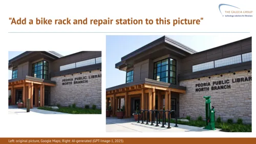AI image editing example: image of a library exterior on the left. On the right, the same image but a bicycle rack and bicycle repair station have been digitally inserted into the image. 