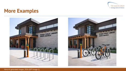 Images of a library: a bicycle rack and bicycle repair station have been digitally inserted into the images 