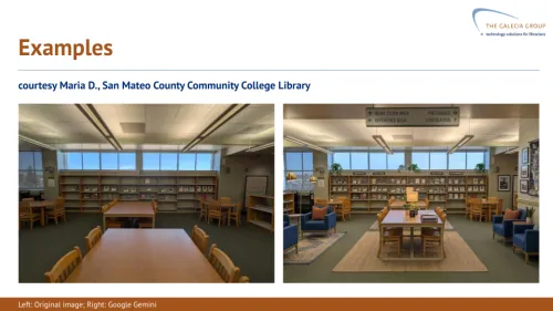 Side by side comparison: left, original image of a sparse library reading room. Right: same room with comfier furniture, soft lighting lamps, area rugs, and other nice touches.